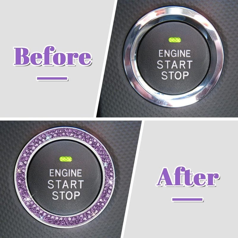 ToBeQueen Purple Car Push Start Button Cover Ring Emblem Sticker, Interior Crystal Diamond Rhinestone Engine Start Stop Ring Decoration, Violet Bling Car Accessories for Women, Purple - Image 2